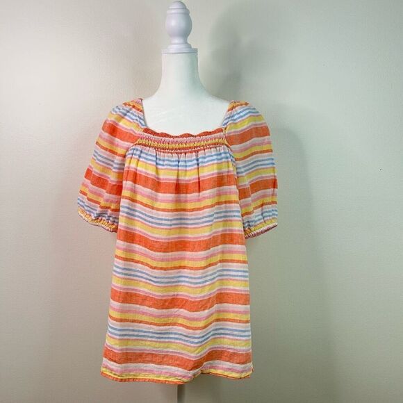 Talbots Linen Striped Puff Sleeve Top L Pastel Summer Blouse Coastal Grandma - Picture 1 of 12
